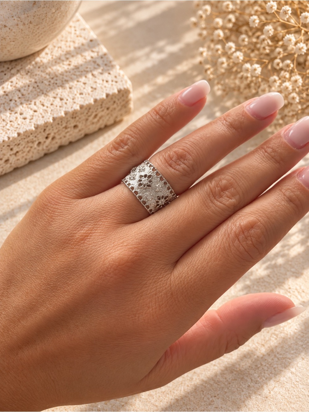 Silver Floral Statement Ring Adjustable Wide Band